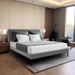 Alex Light Grey Queen Upholstered Platform Bed Frame With Headboard -More Furniture Store grey jearey platform beds 10ftxlm red 44 1000