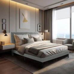 Alex Grey Full Upholstered Platform Bed Frame With Headboard -More Furniture Store grey jearey platform beds e111cj full grey 31 1000