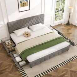 Grey King Linen Upholstered Storage Platform Bed Frame With Headboard -More Furniture Store grey jearey platform beds e11xxy 2 dg 31 1000