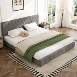 Grey King Linen Upholstered Storage Platform Bed Frame With Headboard