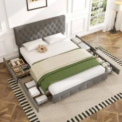 Black And Grey Full Linen Upholstered Storage Platform Bed Frame With Headboard -More Furniture Store grey jearey platform beds slssfy grey 31 1000