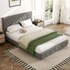 Black And Grey Full Linen Upholstered Storage Platform Bed Frame With Headboard