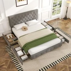 Black And Grey Queen Linen Upholstered Storage Platform Bed Frame With Headboard -More Furniture Store grey jearey platform beds ty hd grey 31 1000