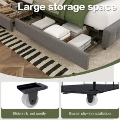 Black And Grey Queen Linen Upholstered Storage Platform Bed Frame With Headboard -More Furniture Store grey jearey platform beds ty hd grey c3 1000