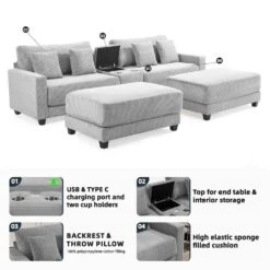 Laibai 111.81 In. Square Arm 4-Piece Velvet Modular Sectional Sofa In Grey With Cup Holder And Ottoman -More Furniture Store grey jearey sectional sofas dxrabcd grey 66 1000