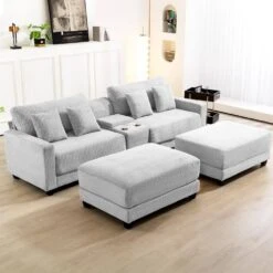 Laibai 111.81 In. Square Arm 4-Piece Velvet Modular Sectional Sofa In Grey With Cup Holder And Ottoman -More Furniture Store grey jearey sectional sofas dxrabcd grey c3 1000