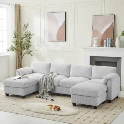 114.96 In Corduroy Modular U-Shaped Grey Sectional Sofa With 2-Ottomans For Living Room And Spacious Space -More Furniture Store grey jearey sectional sofas dxrzjsf6 grey 1f 1000