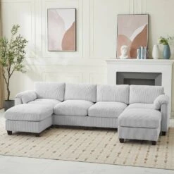 114.96 In Corduroy Modular U-Shaped Grey Sectional Sofa With 2-Ottomans For Living Room And Spacious Space -More Furniture Store grey jearey sectional sofas dxrzjsf6 grey 31 1000
