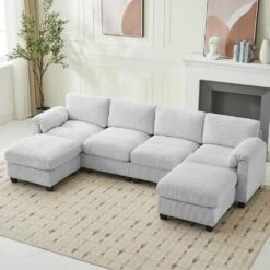 114.96 In Corduroy Modular U-Shaped Grey Sectional Sofa With 2-Ottomans For Living Room And Spacious Space