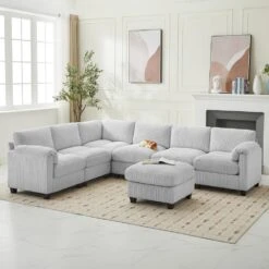 115 In. Corduroy Modular L-Shaped Grey 7-Seat Sectional Sofa For Living Room And Spacious Space -More Furniture Store grey jearey sectional sofas dxrzjsf7 grey 31 1000