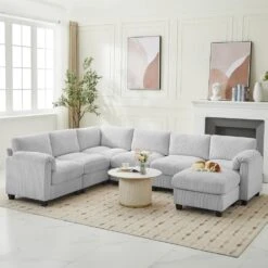 115 In. Corduroy Modular L-Shaped Grey 7-Seat Sectional Sofa For Living Room And Spacious Space -More Furniture Store grey jearey sectional sofas dxrzjsf7 grey c3 1000