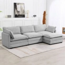 112 In. W 4-Piece Modern Straight Arm Corduroy Fabric L-Shaped Sectional Sofa With Ottoman In Gray -More Furniture Store grey jearey sectional sofas e46sf 3 gy 31 1000