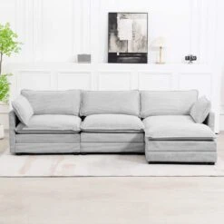 112 In. W 4-Piece Modern Straight Arm Corduroy Fabric L-Shaped Sectional Sofa With Ottoman In Gray