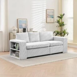 90.94 In. Grey Corduroy Upholstered L-Shaped Sleeper Sectional Sofa With Storage And Removable Ottomans For Living Room -More Furniture Store grey jearey sectional sofas lsbsf grey 1f 1000