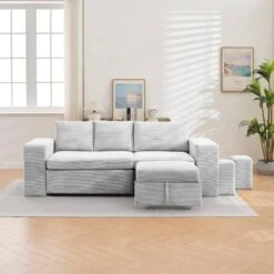 90.94 In. Grey Corduroy Upholstered L-Shaped Sleeper Sectional Sofa With Storage And Removable Ottomans For Living Room -More Furniture Store grey jearey sectional sofas lsbsf grey 4f 1000