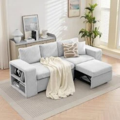 90.94 In. Grey Corduroy Upholstered L-Shaped Sleeper Sectional Sofa With Storage And Removable Ottomans For Living Room -More Furniture Store grey jearey sectional sofas lsbsf grey c3 1000