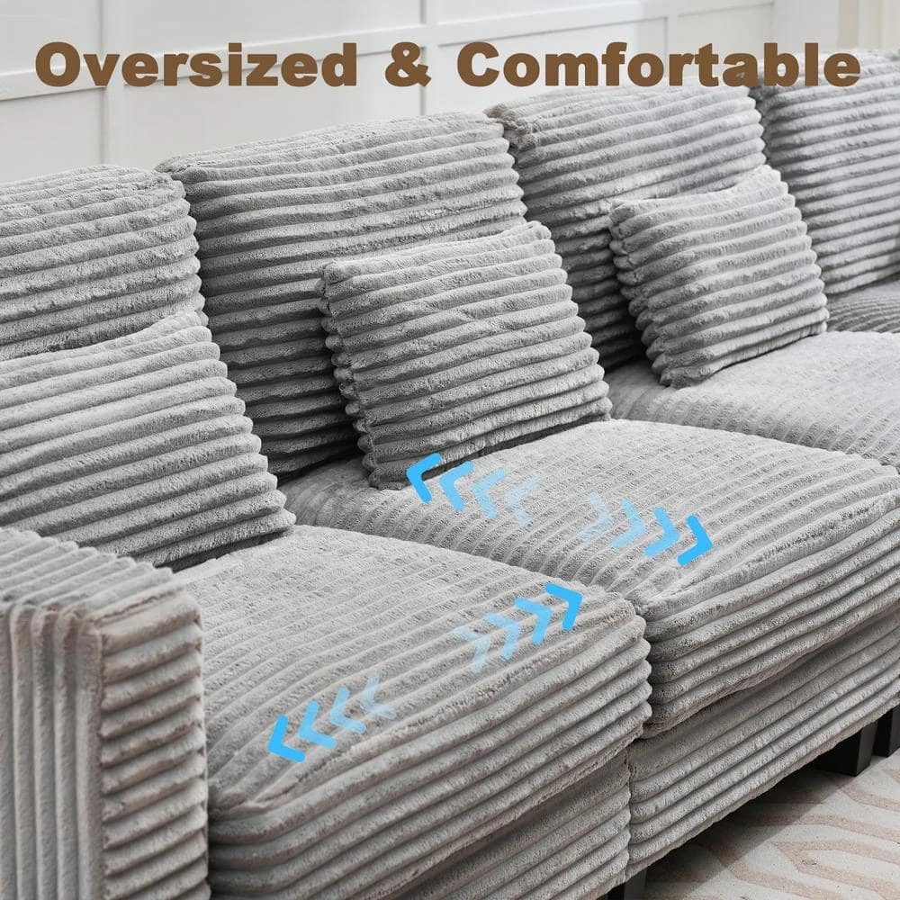 154 In. Corduroy Modular Rectangular Shaped Grey 4 Seat Sectional Sofa For Living Room And Spacious Space 5 154 In. Corduroy Modular Rectangular Shaped Grey 4 Seat Sectional Sofa For Living Room And Spacious Space - Image 5