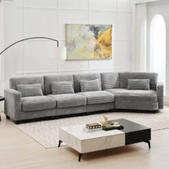 154 In. Corduroy Modular Rectangular Shaped Grey 4 Seat Sectional Sofa For Living Room And Spacious Space