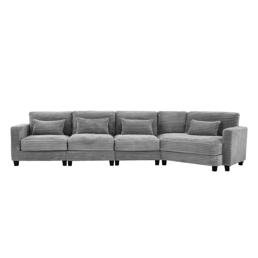 154 In. Corduroy Modular Rectangular Shaped Grey 4 Seat Sectional Sofa For Living Room And Spacious Space 3 154 In. Corduroy Modular Rectangular Shaped Grey 4 Seat Sectional Sofa For Living Room And Spacious Space - Image 3