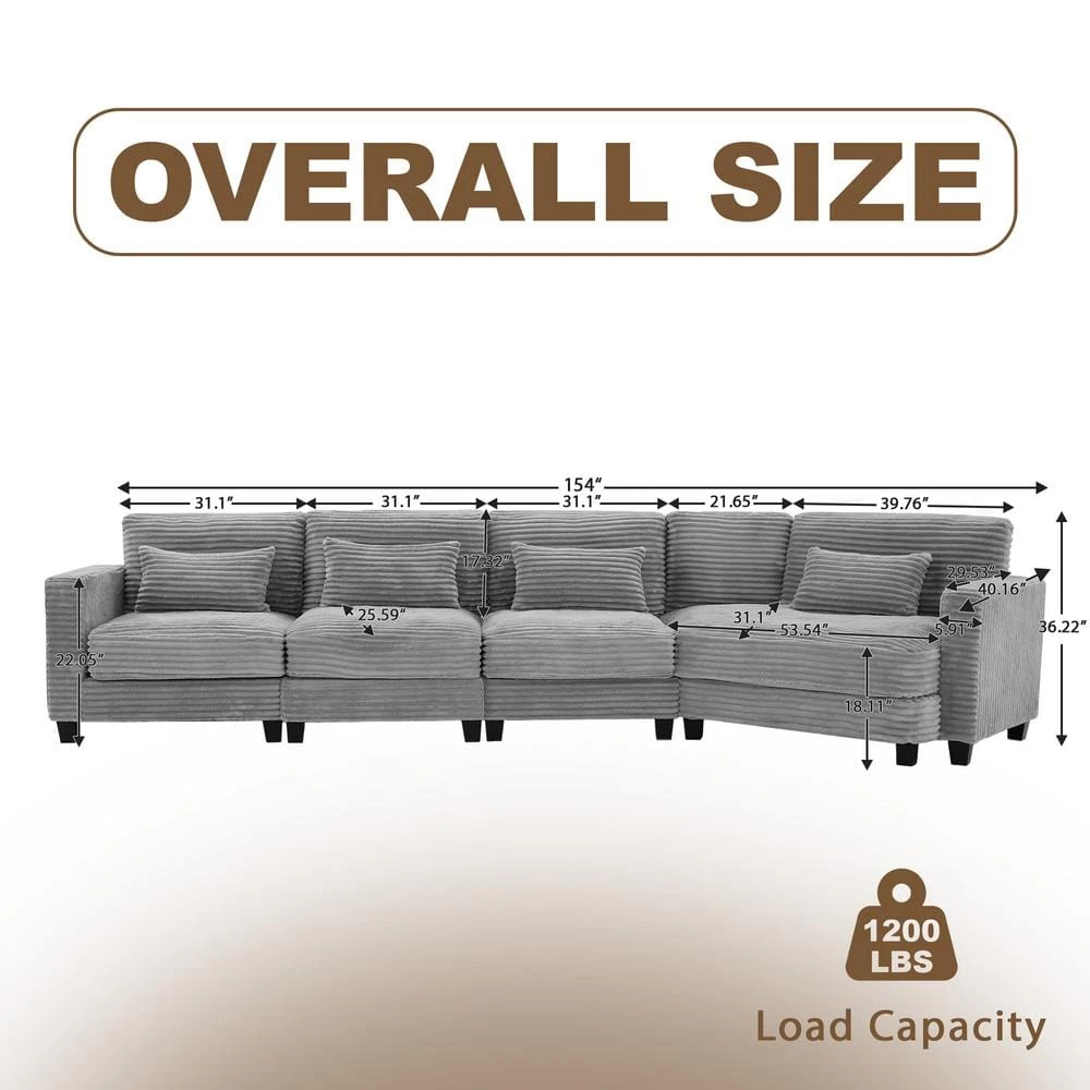 154 In. Corduroy Modular Rectangular Shaped Grey 4 Seat Sectional Sofa For Living Room And Spacious Space 2 154 In. Corduroy Modular Rectangular Shaped Grey 4 Seat Sectional Sofa For Living Room And Spacious Space - Image 2