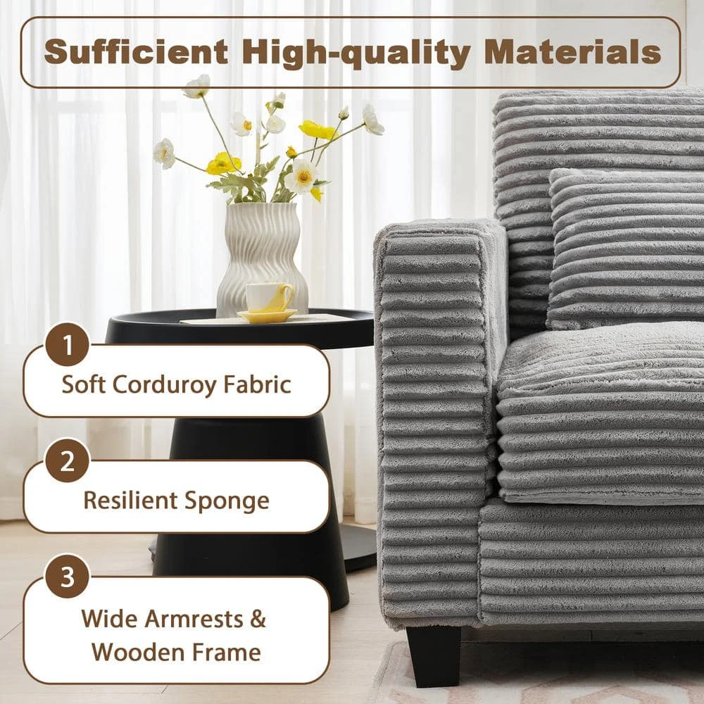 154 In. Corduroy Modular Rectangular Shaped Grey 4 Seat Sectional Sofa For Living Room And Spacious Space 8 154 In. Corduroy Modular Rectangular Shaped Grey 4 Seat Sectional Sofa For Living Room And Spacious Space - Image 8