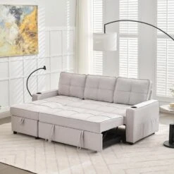 82.3 In. Grey Multi-functional Fabric Queen Size Sofa Bed With Cup Holder USB Port And Side Pockets -More Furniture Store grey jearey sofa beds rmlc grey 1f 1000