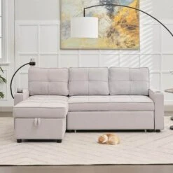 82.3 In. Grey Multi-functional Fabric Queen Size Sofa Bed With Cup Holder USB Port And Side Pockets -More Furniture Store grey jearey sofa beds rmlc grey 31 1000