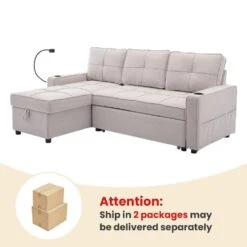 82.3 In. Grey Multi-functional Fabric Queen Size Sofa Bed With Cup Holder USB Port And Side Pockets -More Furniture Store grey jearey sofa beds rmlc grey 66 1000