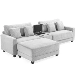 Laibai 111.81 In. Square Arm Velvet Modular 3-Piece Modern Sofa With Cup Holder And Ottoman In Grey -More Furniture Store grey jearey sofas couches dxrabc grey 66 1000