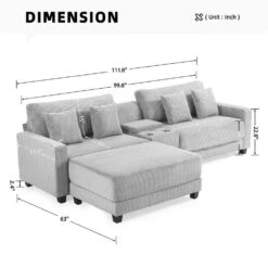 Laibai 111.81 In. Square Arm Velvet Modular 3-Piece Modern Sofa With Cup Holder And Ottoman In Grey -More Furniture Store grey jearey sofas couches dxrabc grey c3 1000