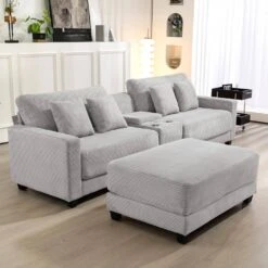 Laibai 111.81 In. Square Arm Velvet Modular 3-Piece Modern Grey Sofa With Cup Holder And Ottoman -More Furniture Store grey jearey sofas couches xdxrabc grey 1f 1000