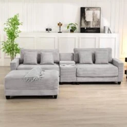 Laibai 111.81 In. Square Arm Velvet Modular 3-Piece Modern Grey Sofa With Cup Holder And Ottoman -More Furniture Store grey jearey sofas couches xdxrabc grey 44 1000