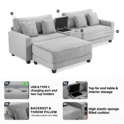 Laibai 111.81 In. Square Arm Velvet Modular 3-Piece Modern Grey Sofa With Cup Holder And Ottoman -More Furniture Store grey jearey sofas couches xdxrabc grey 4f 1000