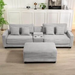 Laibai 111.81 In. Square Arm Velvet Modular 3-Piece Modern Grey Sofa With Cup Holder And Ottoman