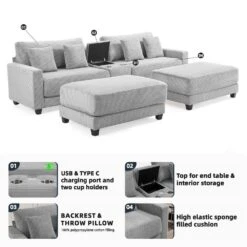 Laibai 111.81 In. Square Arm Velvet Modular 4-Piece Modern Grey Sofa With Cup Holder And Ottoman 11 Laibai 111.81 In. Square Arm Velvet Modular 4-Piece Modern Grey Sofa With Cup Holder And Ottoman -More Furniture Store grey jearey sofas couches xdxrabcd grey 1f 1000