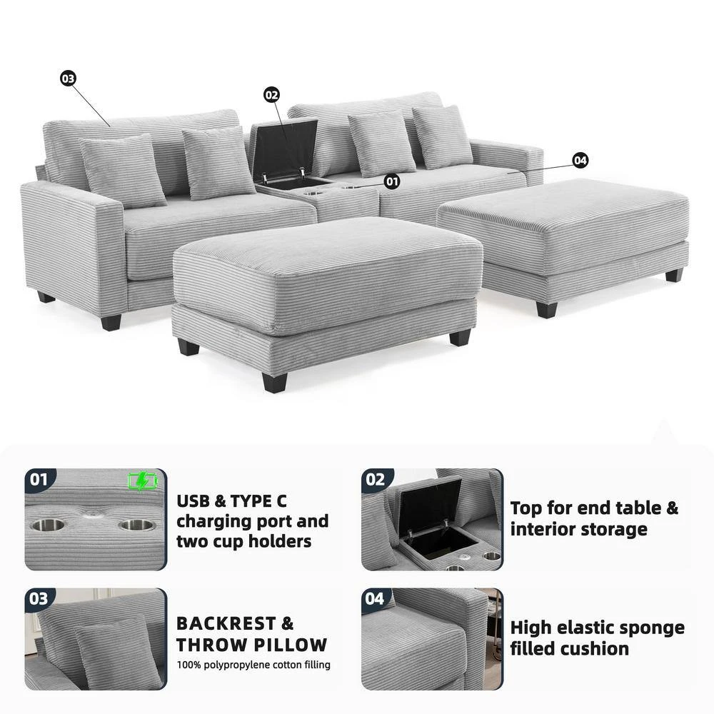 Laibai 111.81 In. Square Arm Velvet Modular 4-Piece Modern Grey Sofa With Cup Holder And Ottoman 5 Laibai 111.81 In. Square Arm Velvet Modular 4-Piece Modern Grey Sofa With Cup Holder And Ottoman - Image 5