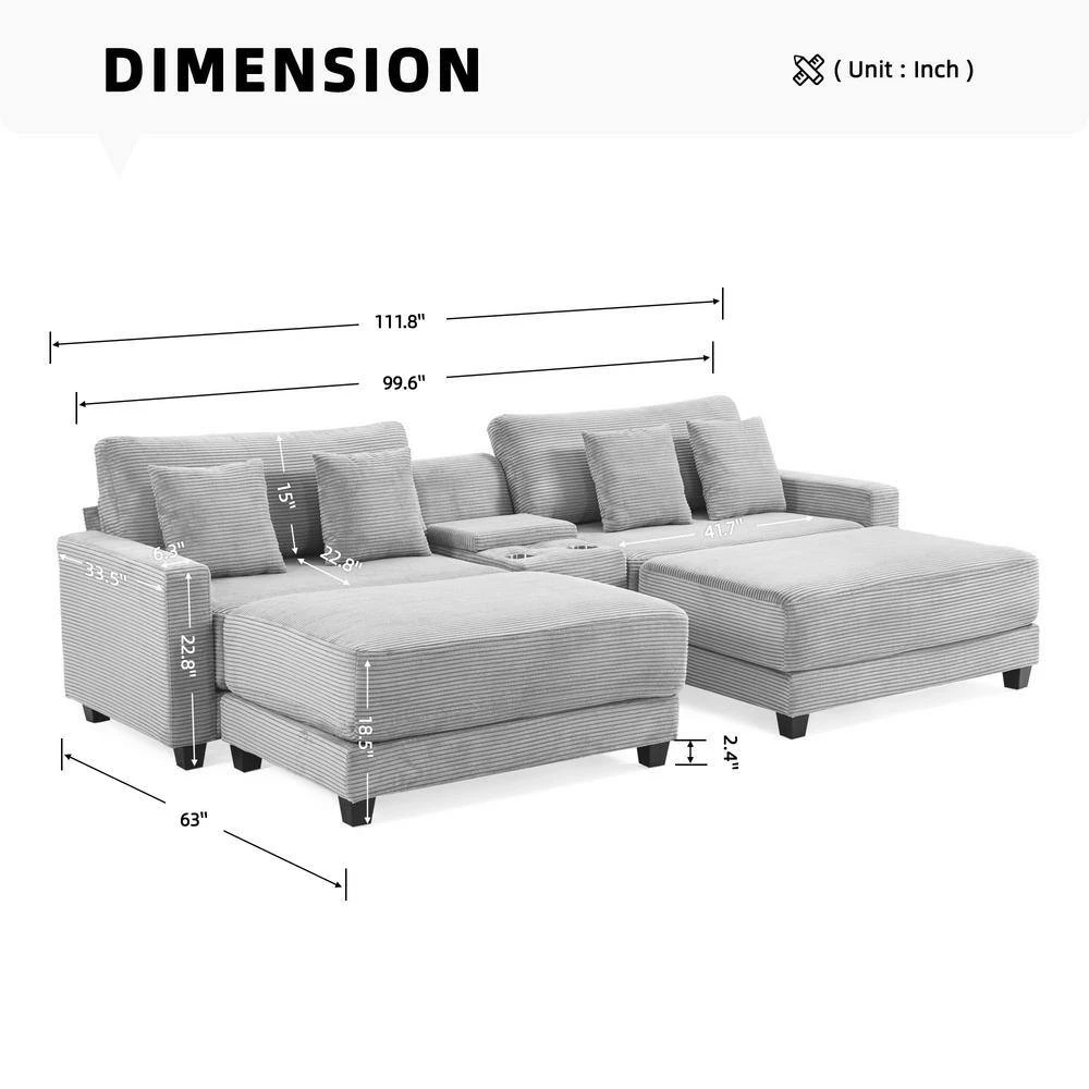 Laibai 111.81 In. Square Arm Velvet Modular 4-Piece Modern Grey Sofa With Cup Holder And Ottoman 2 Laibai 111.81 In. Square Arm Velvet Modular 4-Piece Modern Grey Sofa With Cup Holder And Ottoman - Image 2