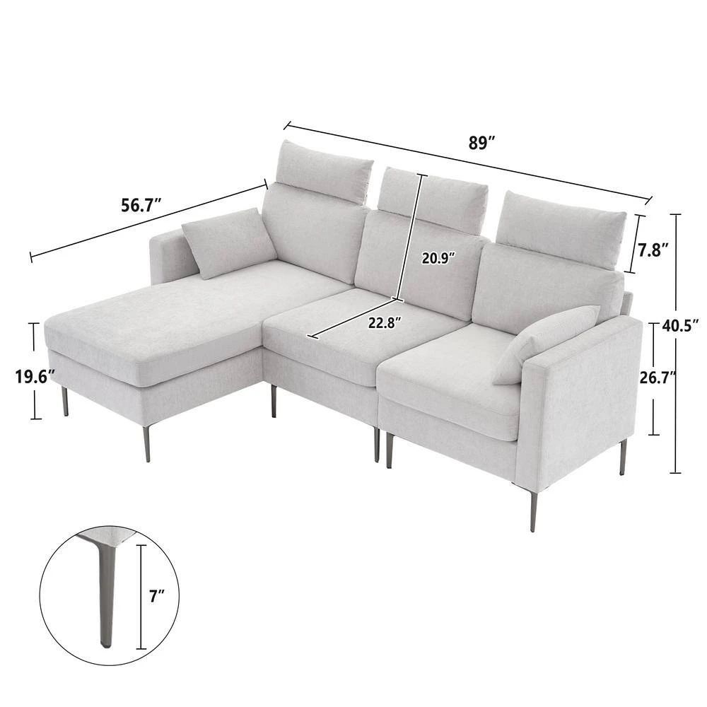 89 In. Square Arm Fabric L Shape Sectional Sofa With Chaise Lounge And Pillow In Grey 3 89 In. Square Arm Fabric L Shape Sectional Sofa With Chaise Lounge And Pillow In Grey - Image 3