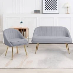 Atye 2 Piece Grey Living Room Velvet Loveseat And Accent Chair Set