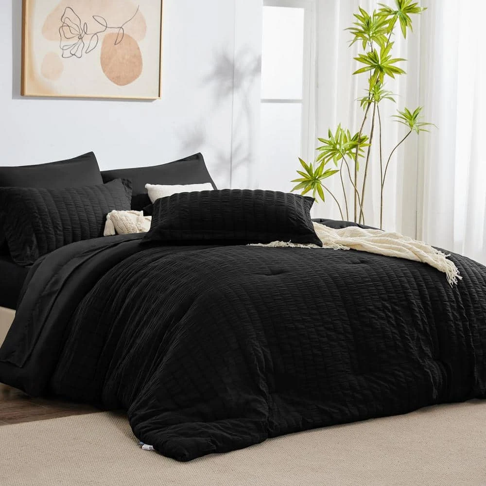 Full Seersucker 7-Piece Cotton Blend Comforter Set Black 1 Full Seersucker 7-Piece Cotton Blend Comforter Set Black