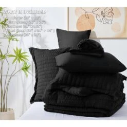 Queen Seersucker 7-Piece Cotton Blend Comforter Set Black -More Furniture Store jearey bedding sets pps7j bk q 4f 1000