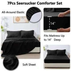 Twin Seersucker 7-Piece Cotton Blend Comforter Set Black -More Furniture Store jearey bedding sets pps7j bk t 44 1000