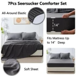 Queen Seersucker 7-Piece Cotton Blend Comforter Set Gray -More Furniture Store jearey bedding sets pps7j gy q 44 1000