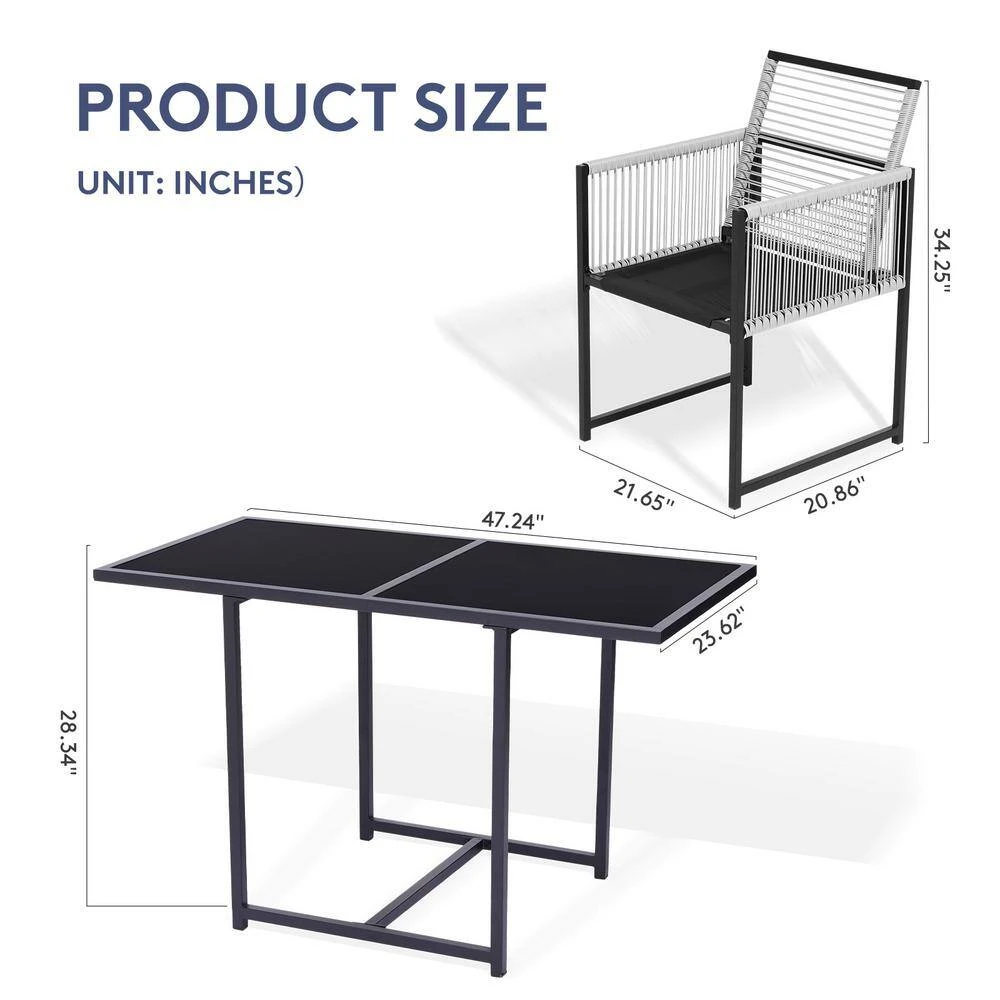 3-Piece Black Metal Rectangular Glass Tabletop Table Patio Outdoor Dining Set With Rattan Foldable Backrest Chairs 3 3-Piece Black Metal Rectangular Glass Tabletop Table Patio Outdoor Dining Set With Rattan Foldable Backrest Chairs - Image 3