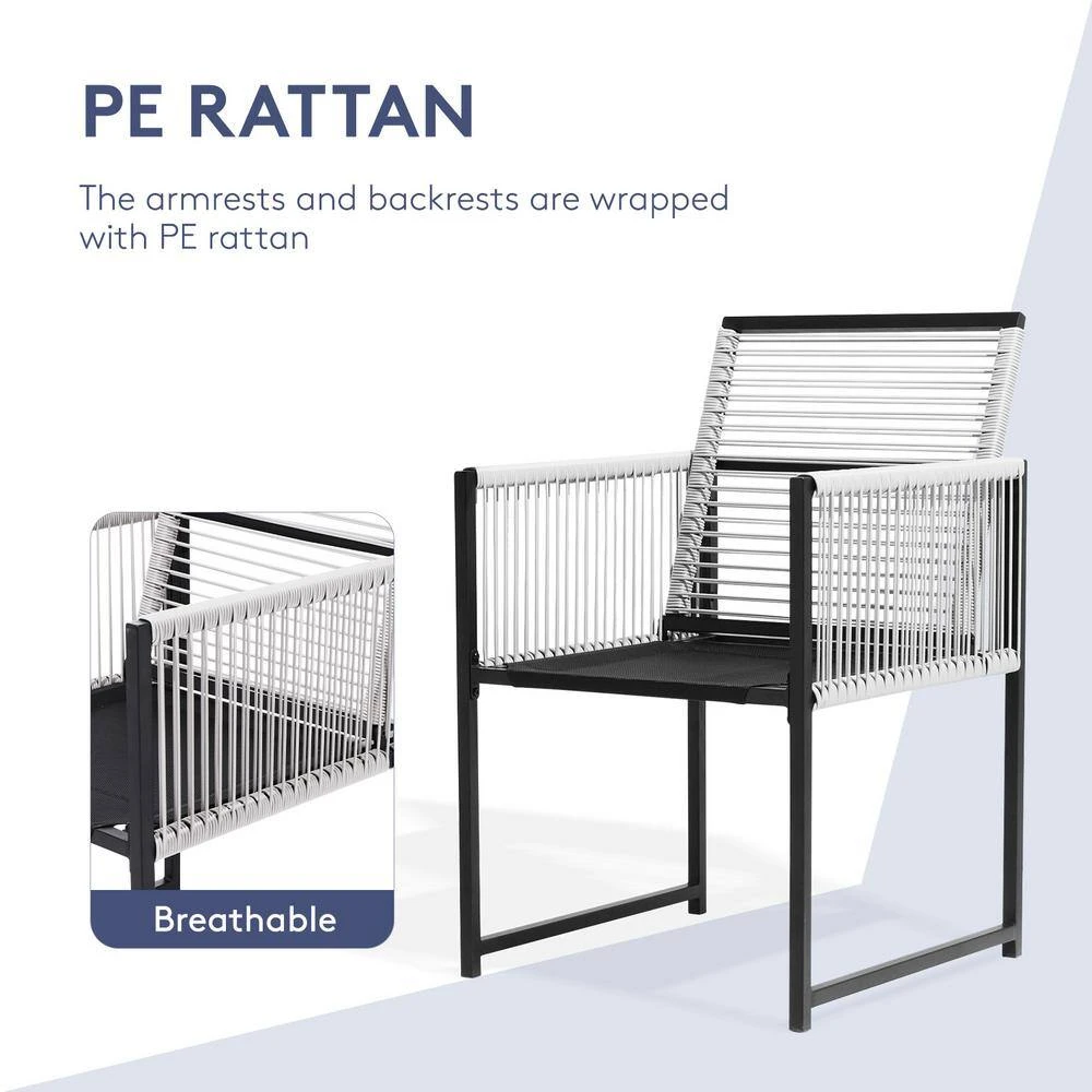 3-Piece Black Metal Rectangular Glass Tabletop Table Patio Outdoor Dining Set With Rattan Foldable Backrest Chairs 4 3-Piece Black Metal Rectangular Glass Tabletop Table Patio Outdoor Dining Set With Rattan Foldable Backrest Chairs - Image 4