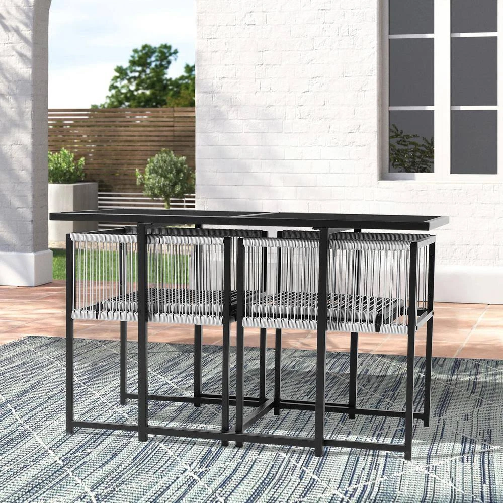 3-Piece Black Metal Rectangular Glass Tabletop Table Patio Outdoor Dining Set With Rattan Foldable Backrest Chairs 2 3-Piece Black Metal Rectangular Glass Tabletop Table Patio Outdoor Dining Set With Rattan Foldable Backrest Chairs - Image 2