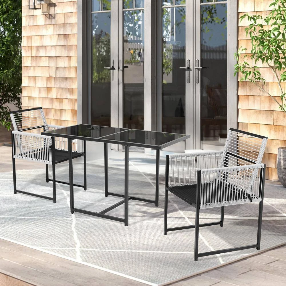 3-Piece Black Metal Rectangular Glass Tabletop Table Patio Outdoor Dining Set With Rattan Foldable Backrest Chairs 8 3-Piece Black Metal Rectangular Glass Tabletop Table Patio Outdoor Dining Set With Rattan Foldable Backrest Chairs - Image 8