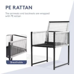 Black 3-Piece Metal Rectangular Glass Tabletop Table Patio Outdoor Dining Set With Rattan Foldable Backrest Chairs -More Furniture Store jearey bistro sets cz3jt hd gy 1f 1000