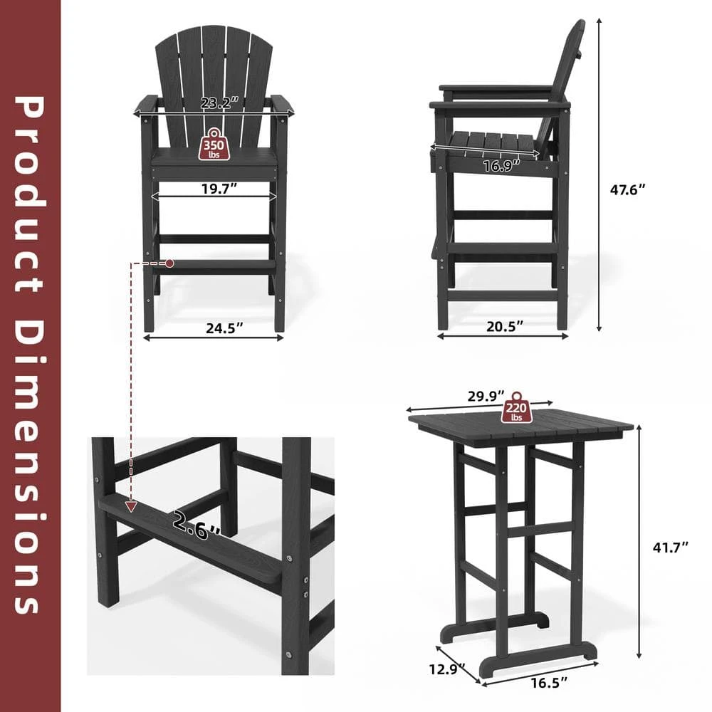 3-Piece Black Adirondack Patio Bar Plastic Outdoor Dining Set-Bar Height Stool And Chairs 4 3-Piece Black Adirondack Patio Bar Plastic Outdoor Dining Set-Bar Height Stool And Chairs - Image 4