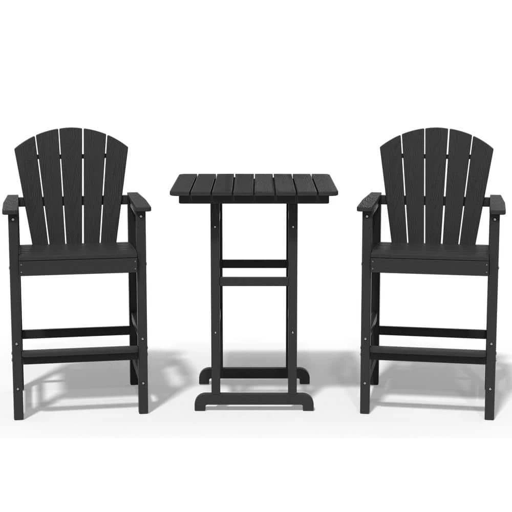 3-Piece Black Adirondack Patio Bar Plastic Outdoor Dining Set-Bar Height Stool And Chairs 2 3-Piece Black Adirondack Patio Bar Plastic Outdoor Dining Set-Bar Height Stool And Chairs - Image 2